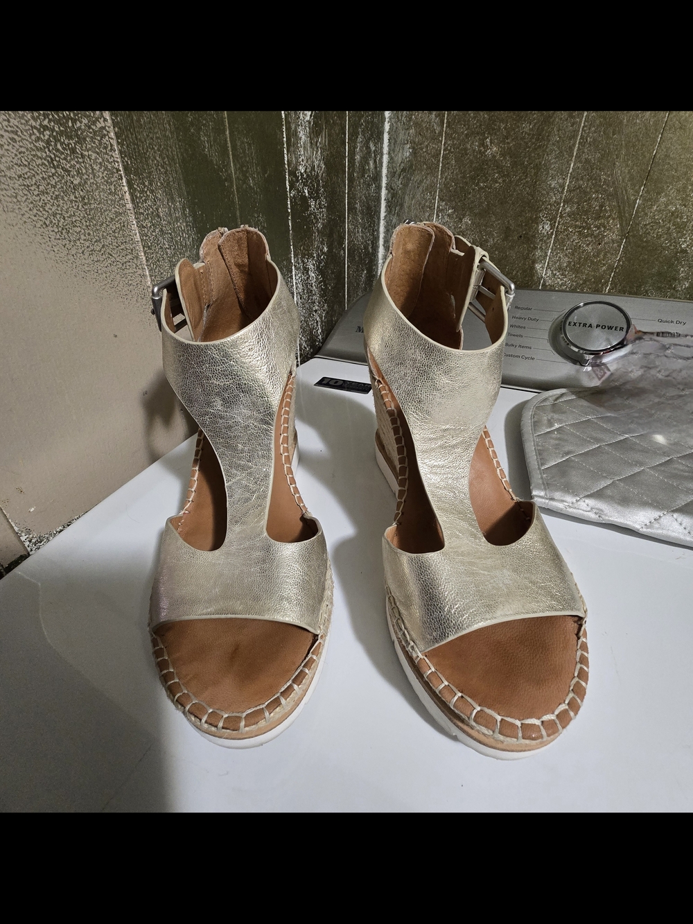 Gentle Souls Metallic Gold T-Strap Espadrille Wedge Sandals